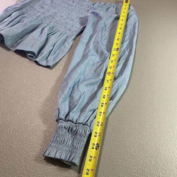CANDIES Blouse Smocked Long Sleeve Off Shoulder Shimmer Top Womens L Light Blue - Picture 7 of 12